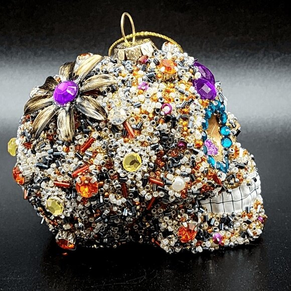 Sugar Skull Ornament Pier 1 Rhinestone Beaded Sequins Retired Halloween Gold v1 - Picture 7 of 10